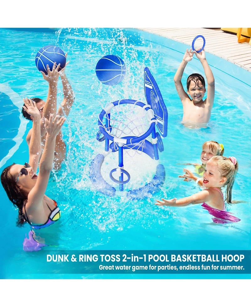 Gnuadz 2-in-1 Pool Basketball Hoop Floating Game Ring Toss Balls Pump