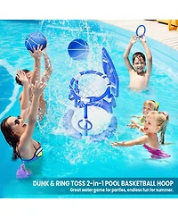 Gnuadz 2-in-1 Pool Basketball Hoop Floating Game Ring Toss Balls Pump