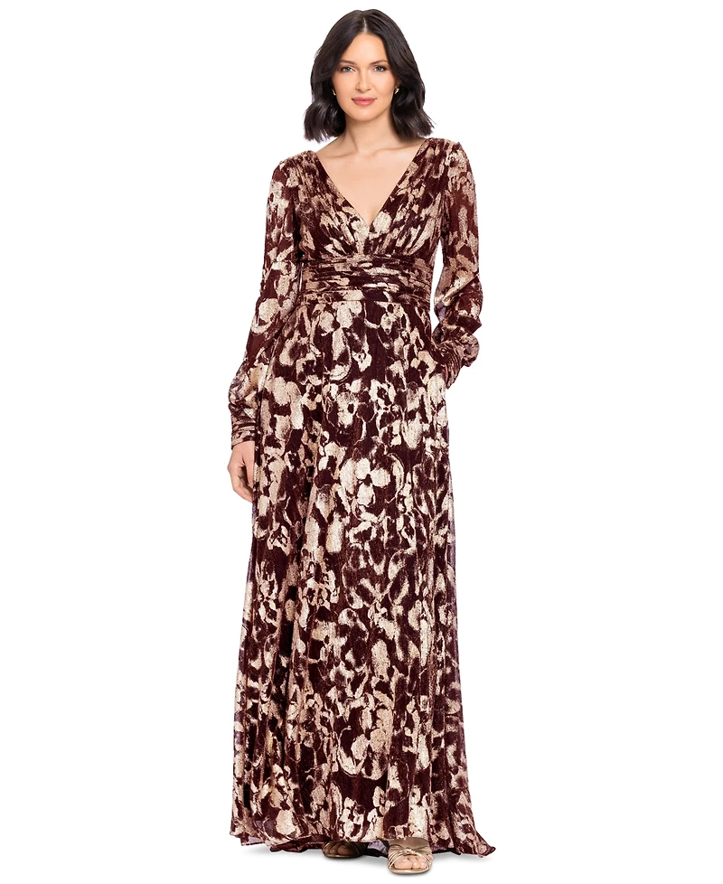 Betsy & Adam Petite V-Neck Long-Sleeve A-Line Gown