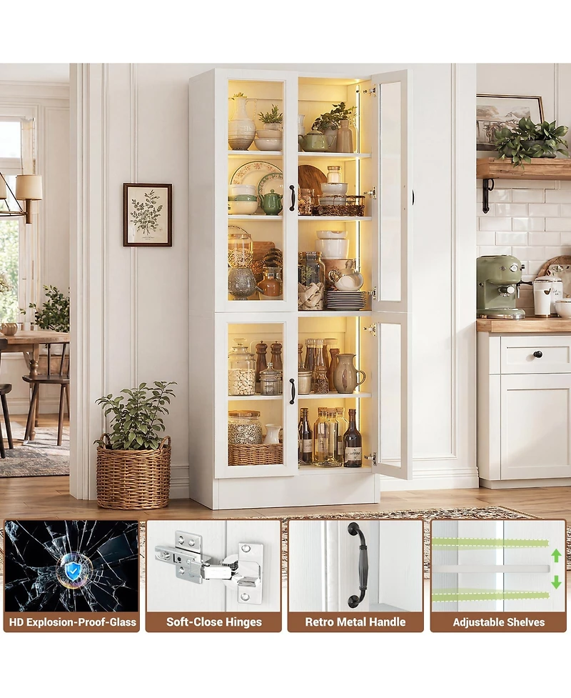 5-Tier Tall Display Cabinet with Glass Doors, 80" Bookcase with Led Light