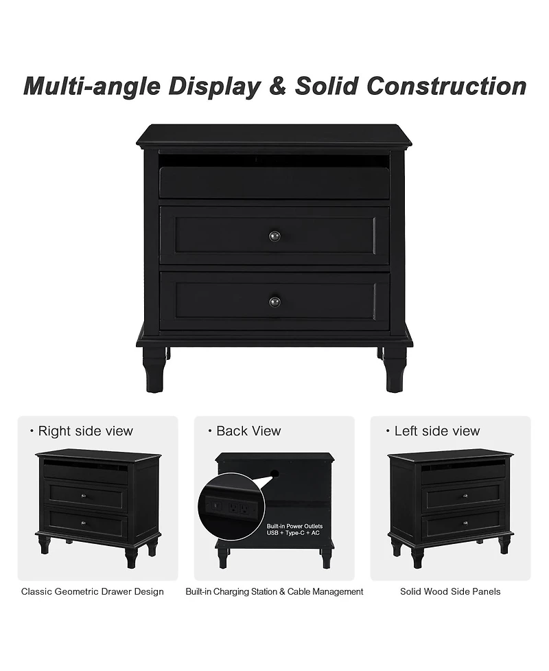 Streamdale Furniture 28" Farmhouse 3-Drawer Nightstand with Charging Station and Usb Ports