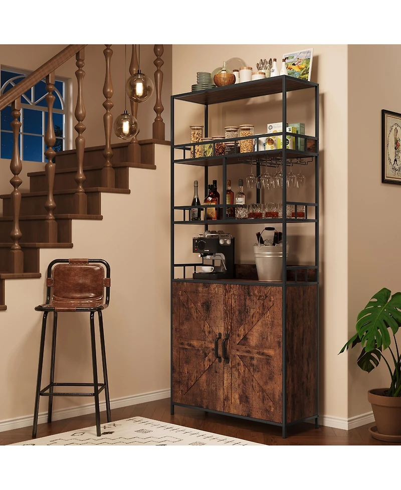 homfan 70.8" Tall Bakers Rack with Cabinet 5-Tier Freestanding Wine and Coffee Bar Cabinet, Wooden Doors, Open Storage Shelves, Metal Spice Rack