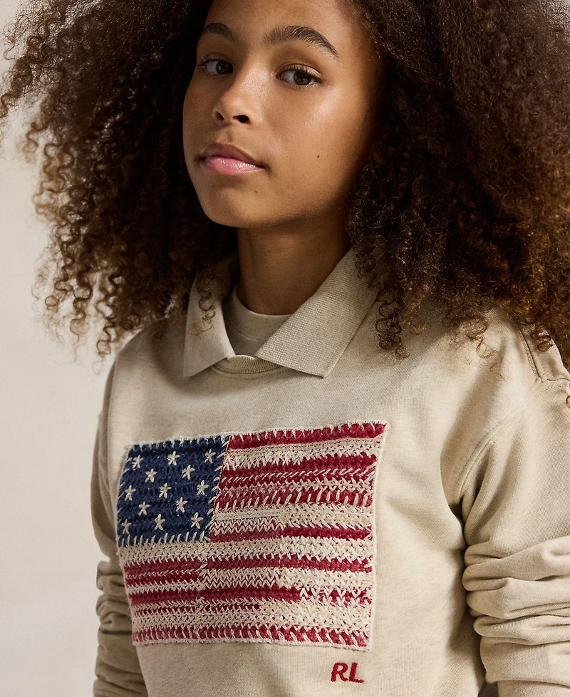 Polo Ralph Lauren Girls' 7-16 Flag Terry Long-Sleeve Collared Sweatshirt