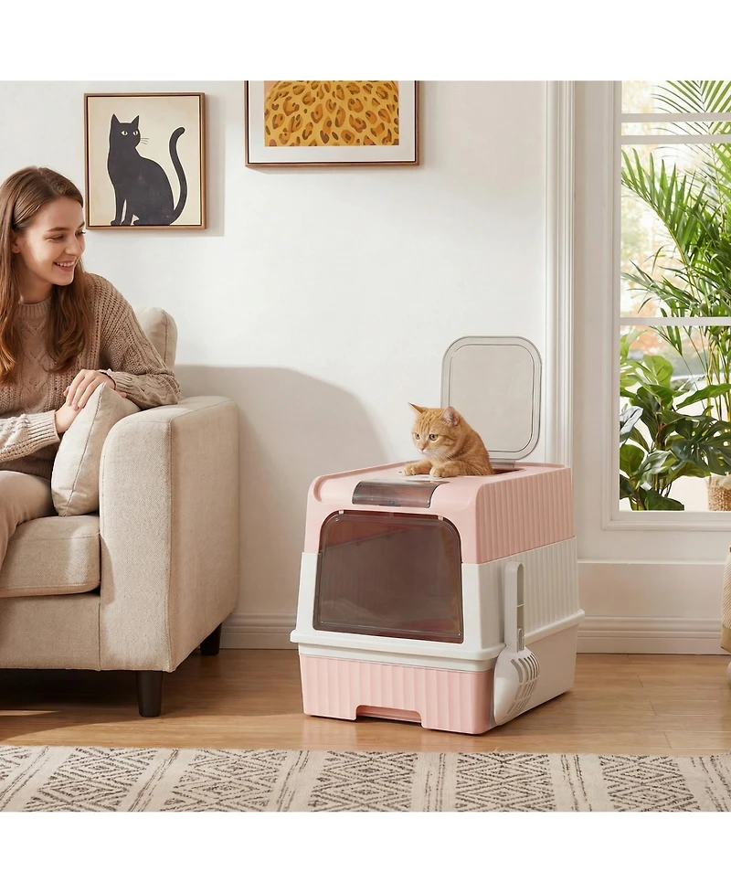 Ruie Hooded Cat Litter Box with Drawer Front Entry and Top Exit
