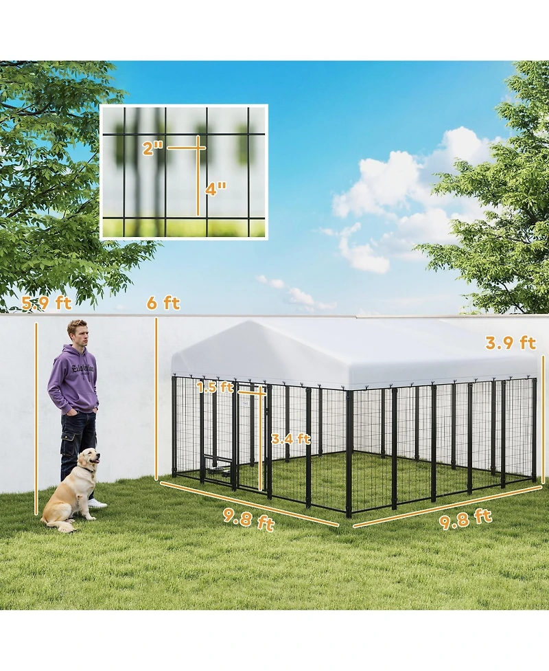 Ruie Outdoor Dog Kennel Run with Rotating Bowls and Waterproof Cover