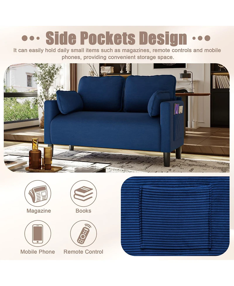 Streamdale Furniture 48" Soft Corduroy Loveseat with Side Storage Pocket and Solid Wood Frame