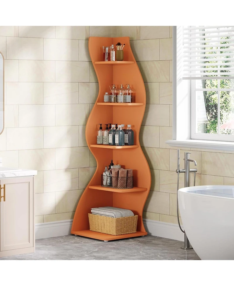 Tribesigns Wavy Corner Shelf Set of 2: 5-tier Curvy Bookshelf. Unique Plant Stand Display Shelf for Living Room, Small Space