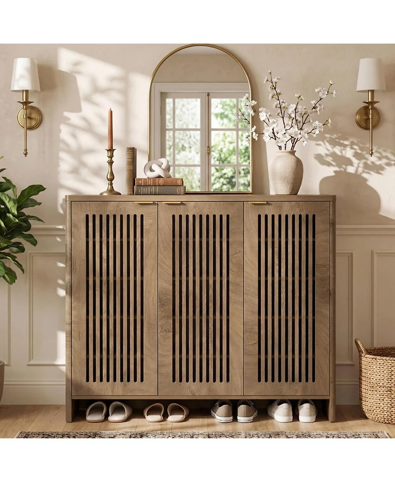 Tribesigns 5-Tier Shoe Cabinet: 3 Doors, Holds 30 Pairs, Storage with Adjustable Shelves, Vertical Slatted Doors, Freestanding for Entryway, Hallway