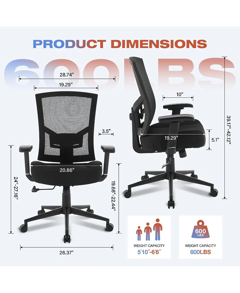 Streamdale Furniture Big and Tall 600lbs Ergonomic Mesh Office Chair with Lumbar Support