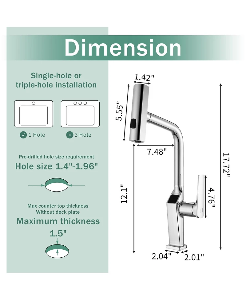 Busdays Touchless Chrome Kitchen Faucet with Led Display Motion Sensor 3 Function Pull Out Sprayer 360 Swivel Spout
