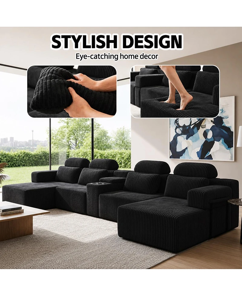 Streamdale Furniture Modern Corduroy 6-Seater U-Shaped Modular Sofa with Cup Holders
