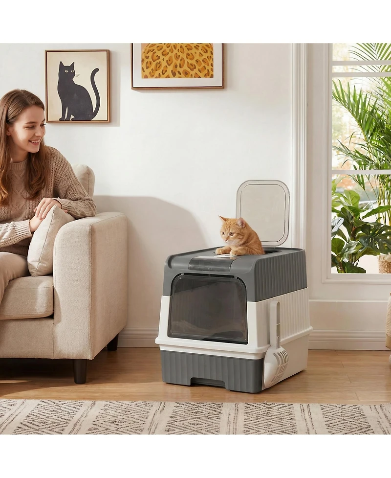 Ruie Hooded Cat Litter Box with Drawer Front Entry and Top Exit