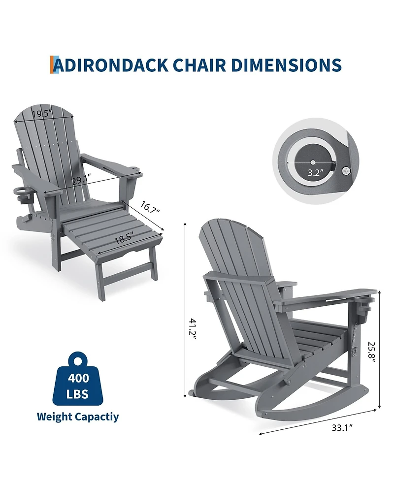 homfan Set of 2 Outdoor Folding Rocking Adirondack Chairs Patio Rocking Chair with Retractable Ottoman Footrest for Garden and Deck