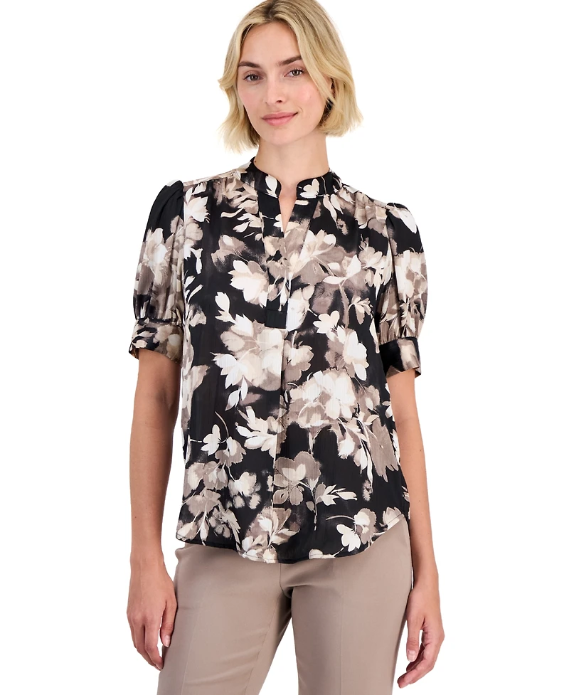 Anne Klein Petite Y-Neck Puff-Sleeve Top