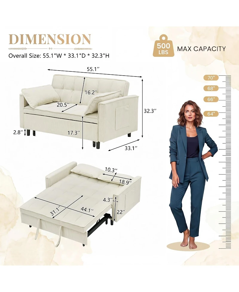 Streamdale Furniture 54.3" Corduroy Modular Sleeper Sofa with Pull Out Bed