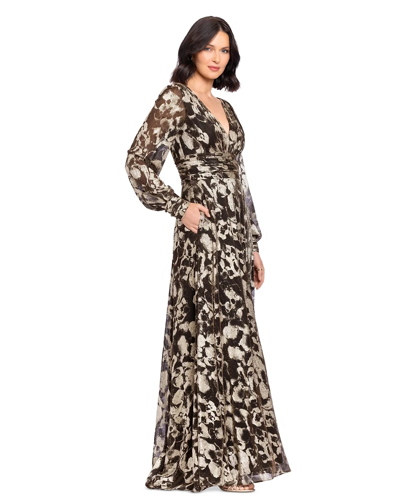 Betsy & Adam Women's Metallic V-Neck Ruched-Waist Gown