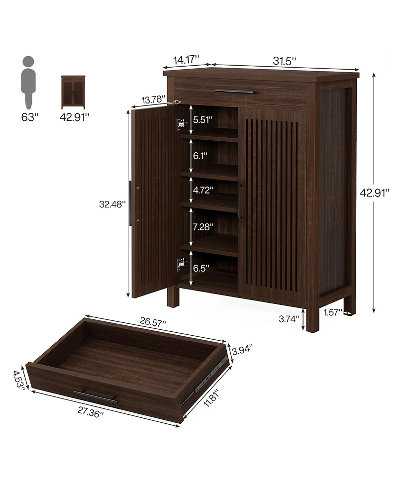 Tribesigns 5-Tier Shoe Cabinet,Shoe Storage Cabinet with Louvered Doors and Drawer, Freestanding Wooden Rack Organizer Adjustable Shelves