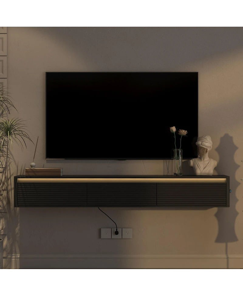 Streamdale Furniture Floating Wall-Mounted Tv Stand with Led Lights and Power Outlet