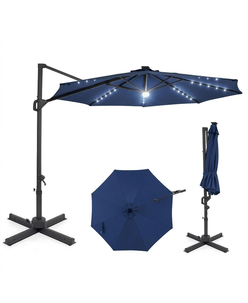 Sugift 10 feet Solar Led Cantilever Patio Umbrella with 28 Lights and 360 Rotation