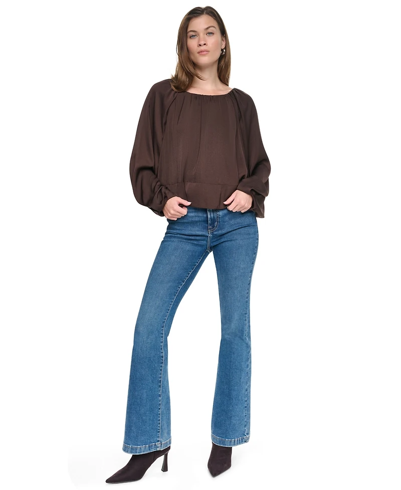 Dkny Jeans Women's Shirred Boat Neck Raglan Long-Sleeve Top