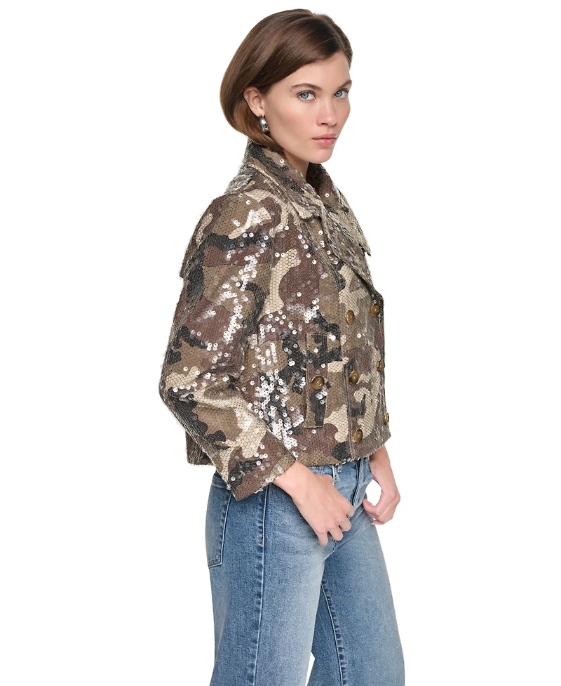 Dkny Jeans Women's Sequin Double Breasted Button Front Trench Jacket