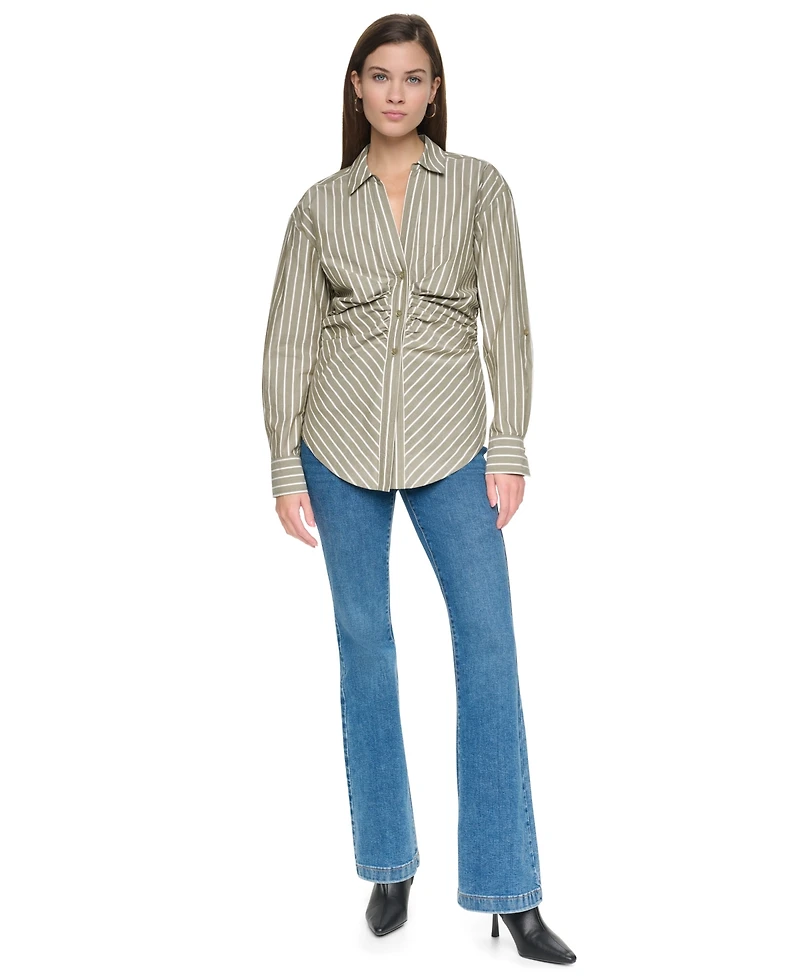 Dkny Jeans Women's Ruched Roll-Tab Sleeve Button-Front Shirt