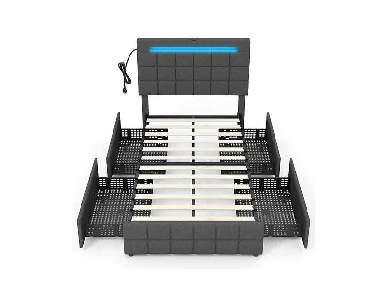 Upholstered Led Bed Frame with Headboard and 4 Drawers