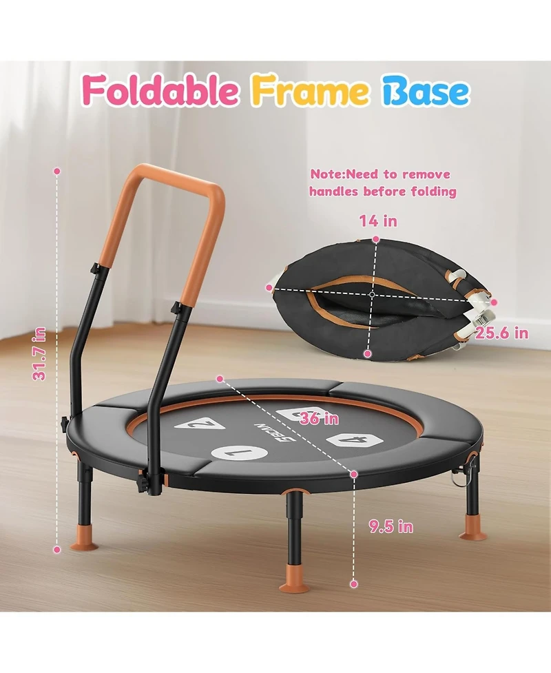 Bcan BT1 36" Toddler Trampoline, Astm Certified Foldable Kids Trampoline with Adjustable Handle, Indoor Outdoor Gift for 1-6 Years Old