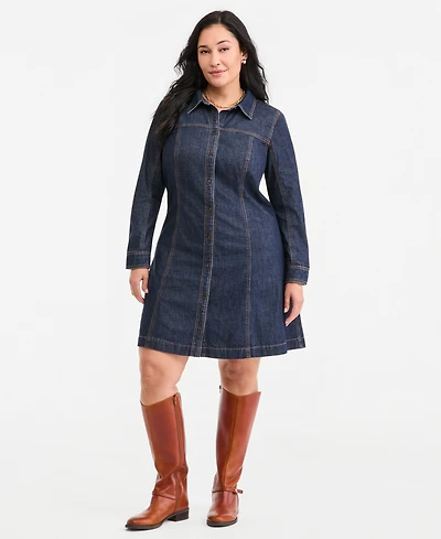 On 34th Plus Denim Mini Long-Sleeve Shirt Dress, Macy's Exclusive