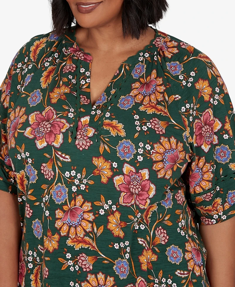Ruby Rd. Plus Floral Vines Printed Cotton Knit Top