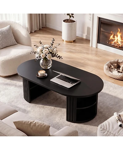 gaomon 39" Oval Fluted Coffee Table, Farmhouse Wood Table Mid Century Modern Center Boho Living Room Tables for Room, Home Office