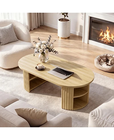 gaomon 39" Oval Fluted Coffee Table, Farmhouse Wood Coffee Table Mid Century Modern Center Table Boho Living Room Tables for Living Room, Home Office