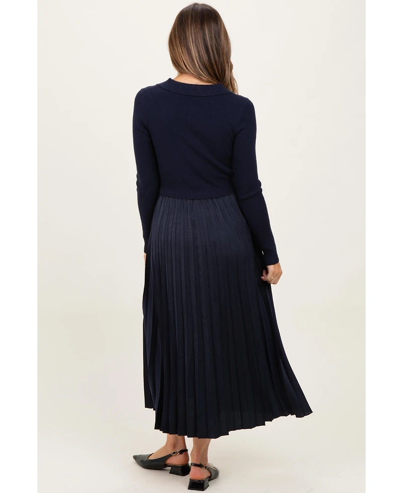 Pinkblush Women's Navy Collared Knit Contrast Pleated Skirt Midi Dress