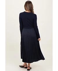Pinkblush Women's Navy Collared Knit Contrast Pleated Skirt Midi Dress