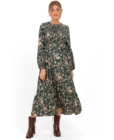 Pinkblush Women's Green Floral Smocked Long Sleeve Midi Dress