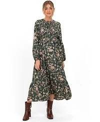 Pinkblush Women's Green Floral Smocked Long Sleeve Midi Dress