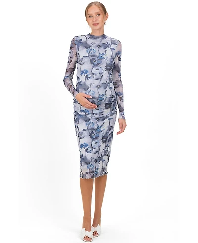 Pinkblush Women's Blue Floral Mesh Long Sleeve Midi Dress