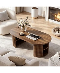 gaomon 39" Oval Fluted Coffee Table, Farmhouse Wood Coffee Table Mid Century Modern Center Table Boho Living Room Tables for Living Room, Home Office