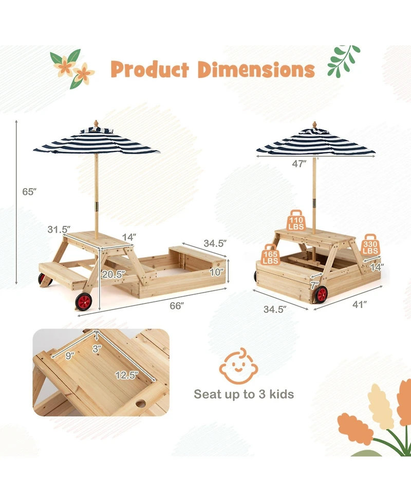 Sugift 2 in 1 Convertible Sandbox Picnic Table, Fir Wood with Adjustable Umbrella, Accommodates 3 Children, Ages 3+