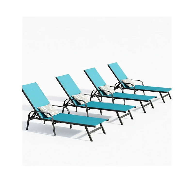 homfan Set of 4 Sky Blue Outdoor Lounge Chairs, Adjustable Patio Recliner with 5-Position Backrest and Textilene Fabric