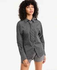 Bar Iii Women's Striped Tie-Neck Long-Sleeve Shirt, Macy's Exclusive