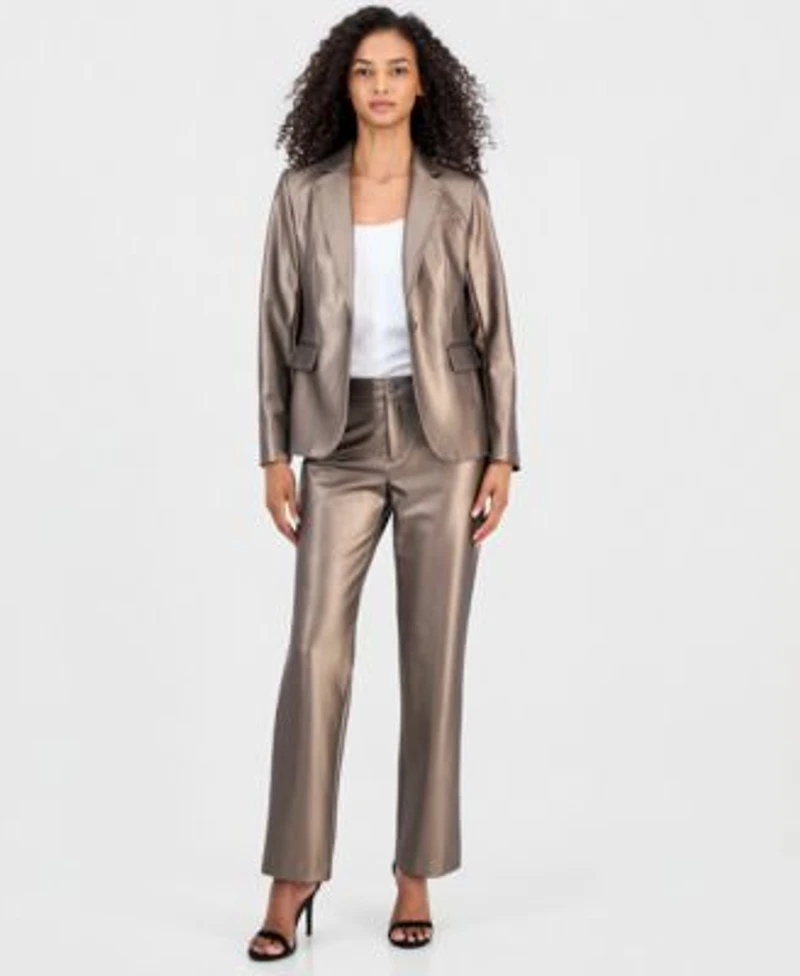 Anne Klein Womens Notch Collar Single Button Jacket Mid Rise Bootcut Ankle Pants