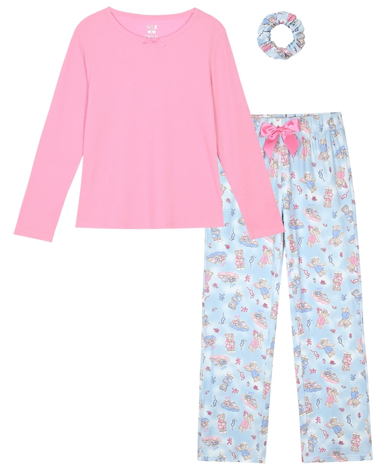 Max & Olivia Girls' 7-16 Rib Top, Milky Print Pants and Matching Scrunchie, 3-Piece Pajama Set