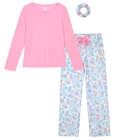 Max & Olivia Girls' 7-16 Rib Top, Milky Print Pants and Matching Scrunchie, 3-Piece Pajama Set