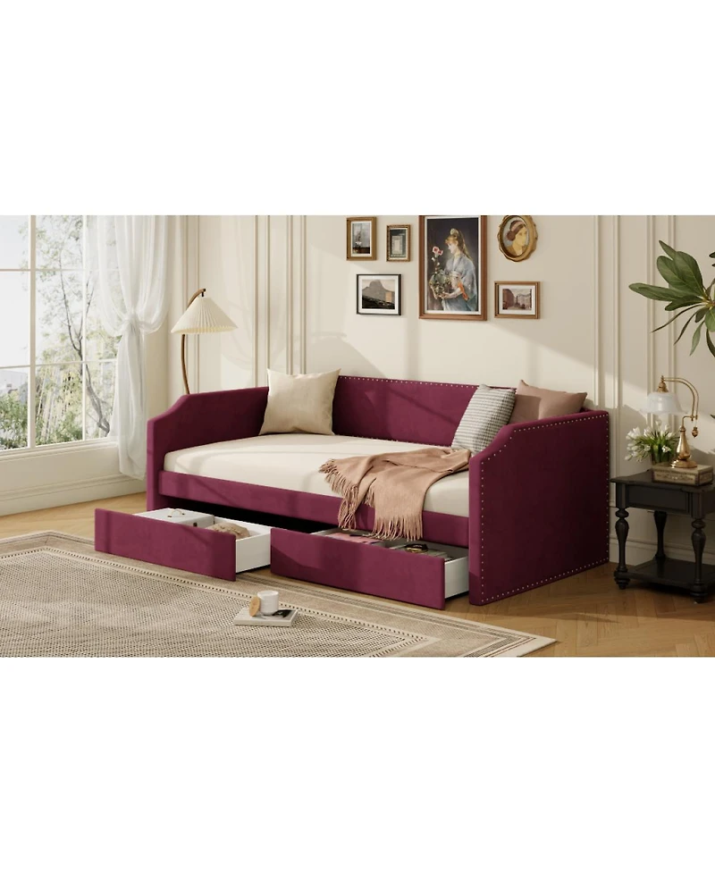 Streamdale Furniture Twin Size Velvet Upholstered Daybed with 2 Drawers