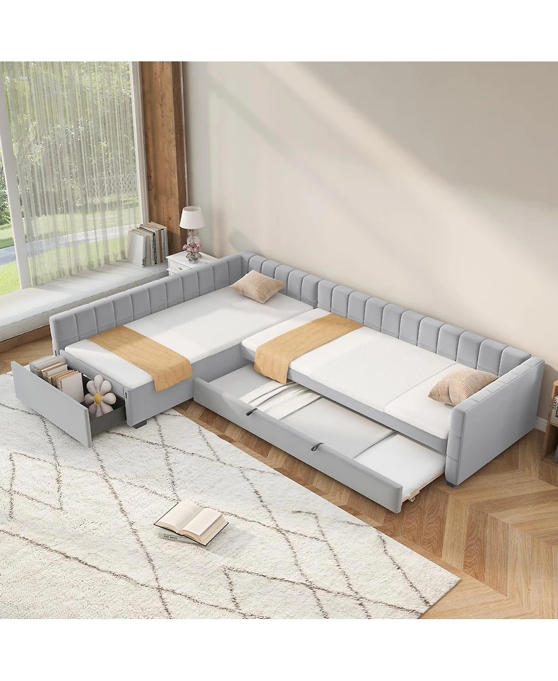 Streamdale Furniture L-Shaped Upholstered Twin Daybed with Trundle and Drawer