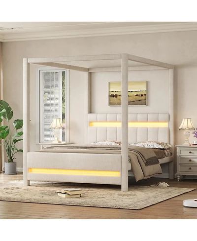 Streamdale Furniture Queen Size Upholstered Canopy Platform Bed with Led Lights