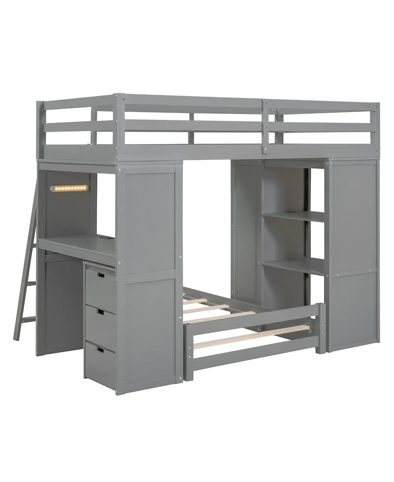 Streamdale Furniture Twin over Twin Bunk Bed with Led Lights and Usb Ports