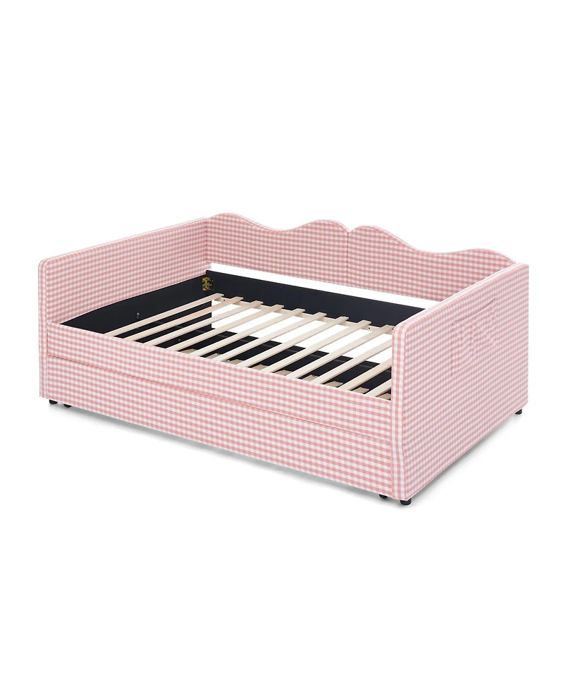 Streamdale Furniture Gingham Upholstered Full-Size Daybed with Trundle and Side Storage