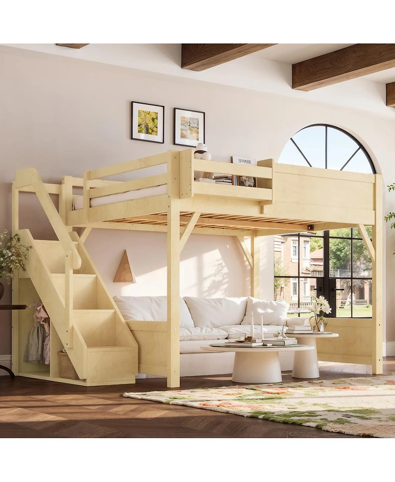 Streamdale Furniture Queen Size Solid Wood Loft Bed with Wardrobe, Storage, and Stairs
